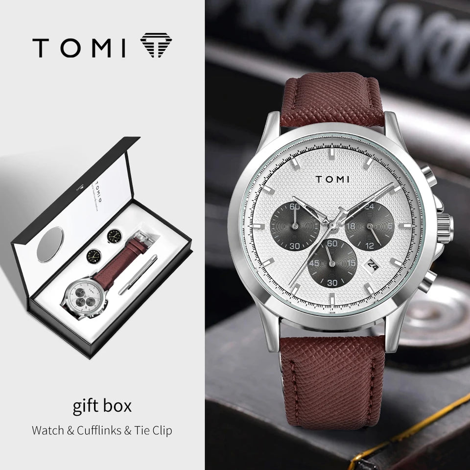 TOMI T-604 Luxury Business Four-piece Set Men's Quartz Watch Casual Fashion Men's Cufflinks Tie Clip Watch Gift Box