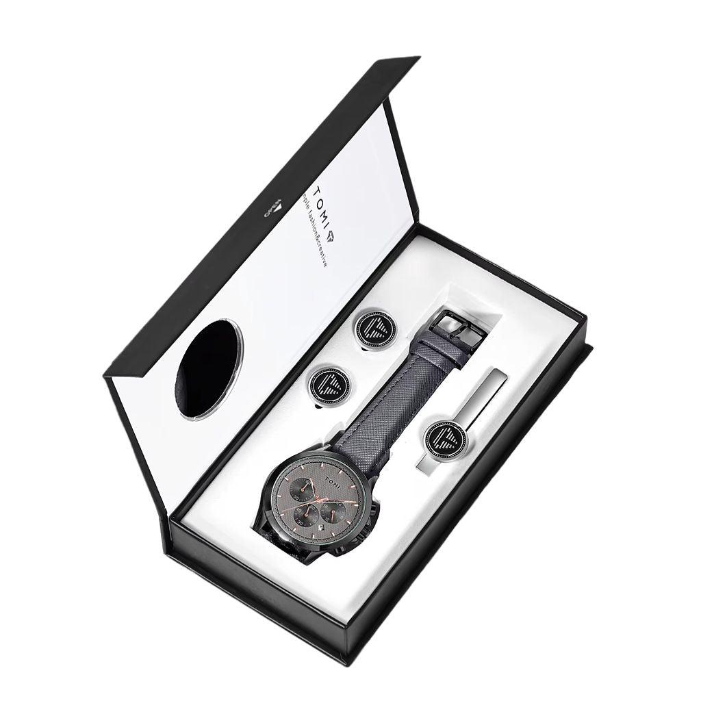 TOMI T-604 Luxury Business Four-piece Set Men's Quartz Watch Casual Fashion Men's Cufflinks Tie Clip Watch Gift Box (Copy 2)