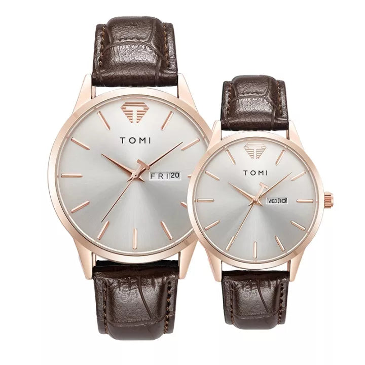 TOMI T-045 Couple Watch Date Day Quartz Leather Straps