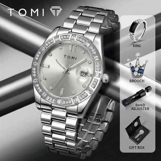 TOMI T-305 High Quality Chain Watch Set – Date Quartz | Ring & Brooch | Premium Gift Box