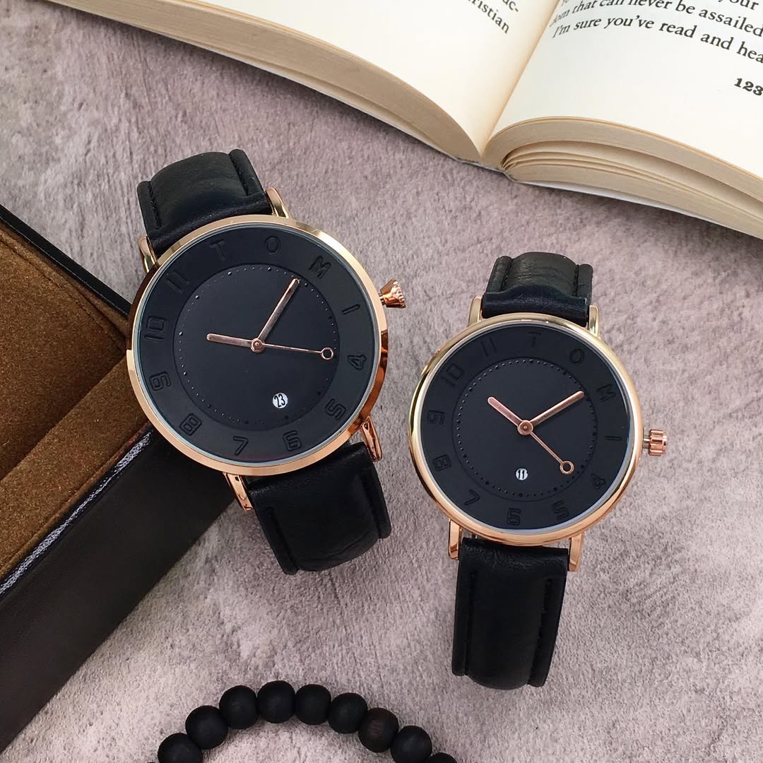 TOMI T-085 Couple Watch Date Quartz Leather Straps