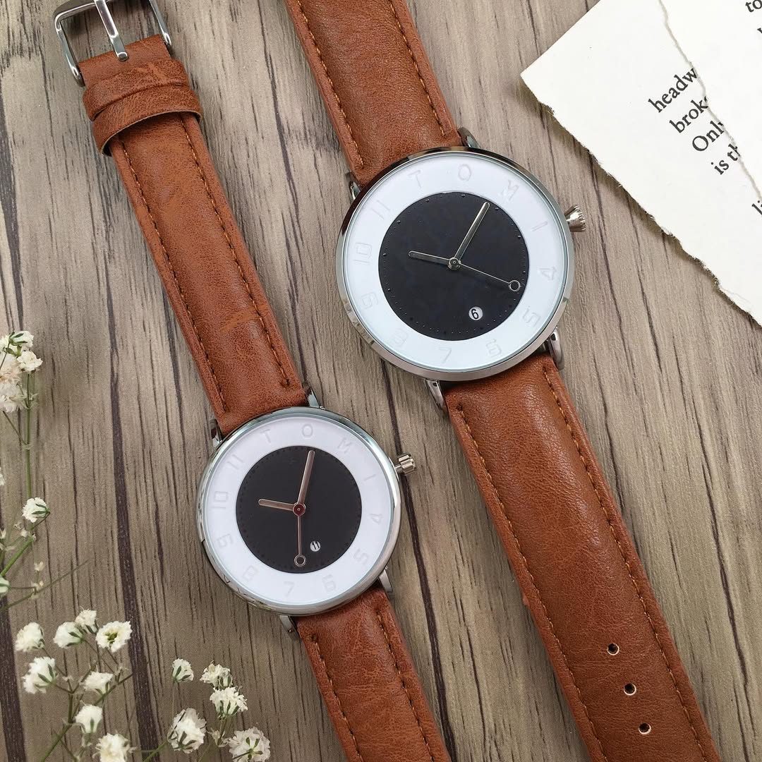 TOMI T-085 Couple Watch Date Quartz Leather Straps