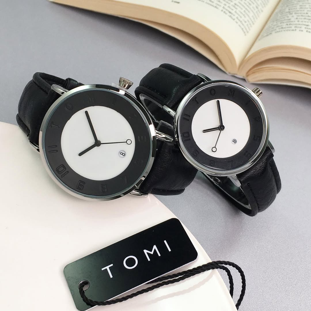 TOMI T-085 Couple Watch Date Quartz Leather Straps