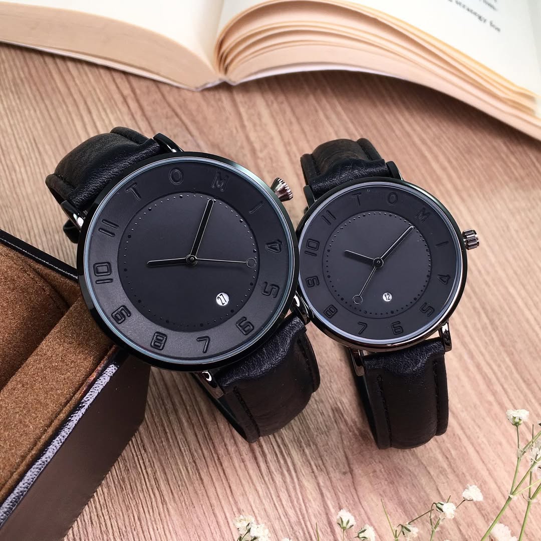 TOMI T-085 Couple Watch Date Quartz Leather Straps