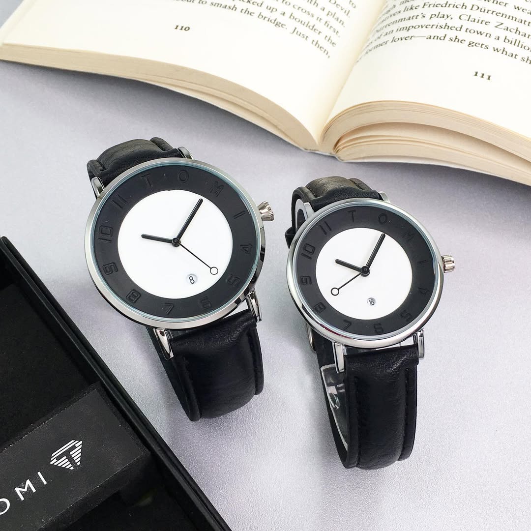 TOMI T-085 Couple Watch Date Quartz Leather Straps