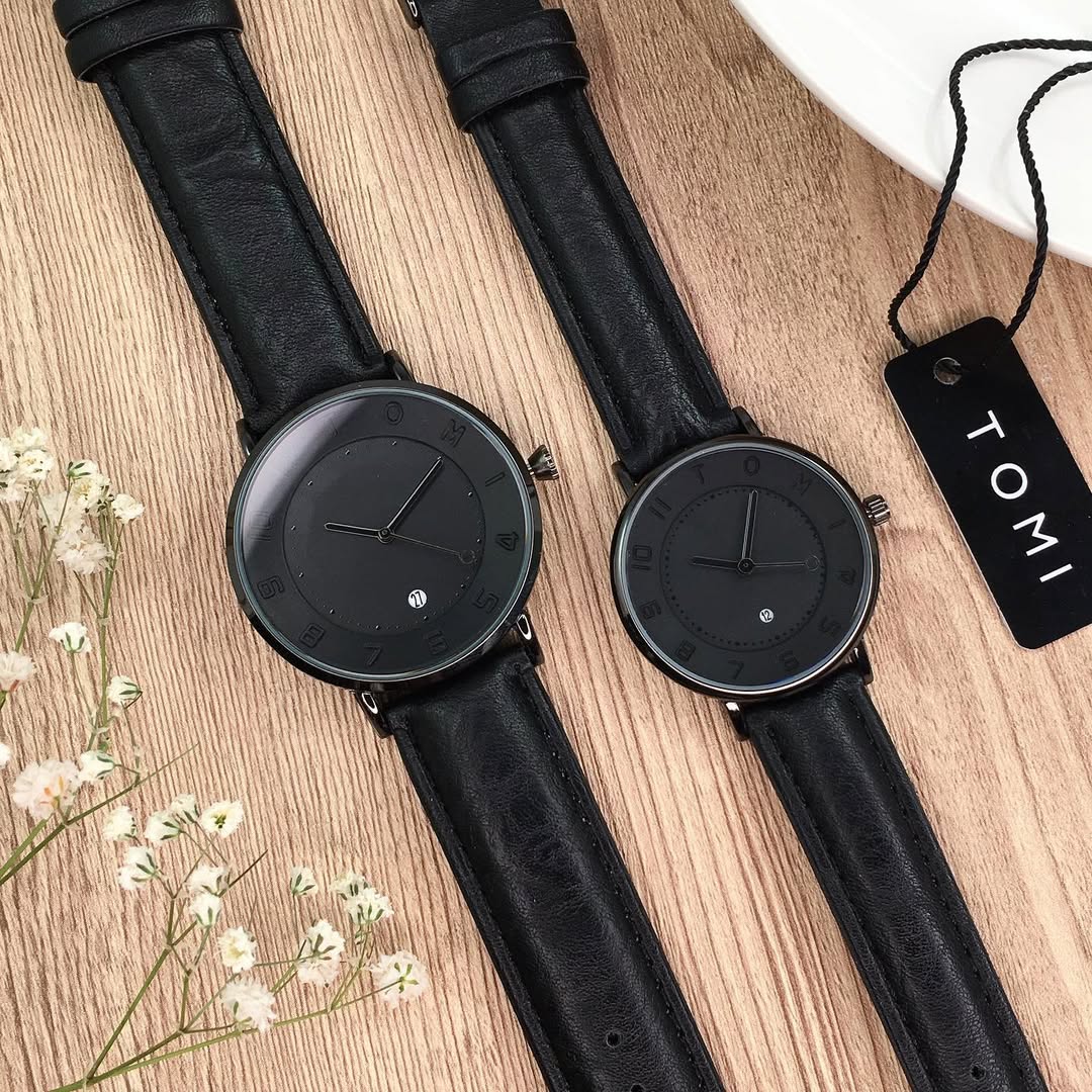 TOMI T-085 Couple Watch Date Quartz Leather Straps