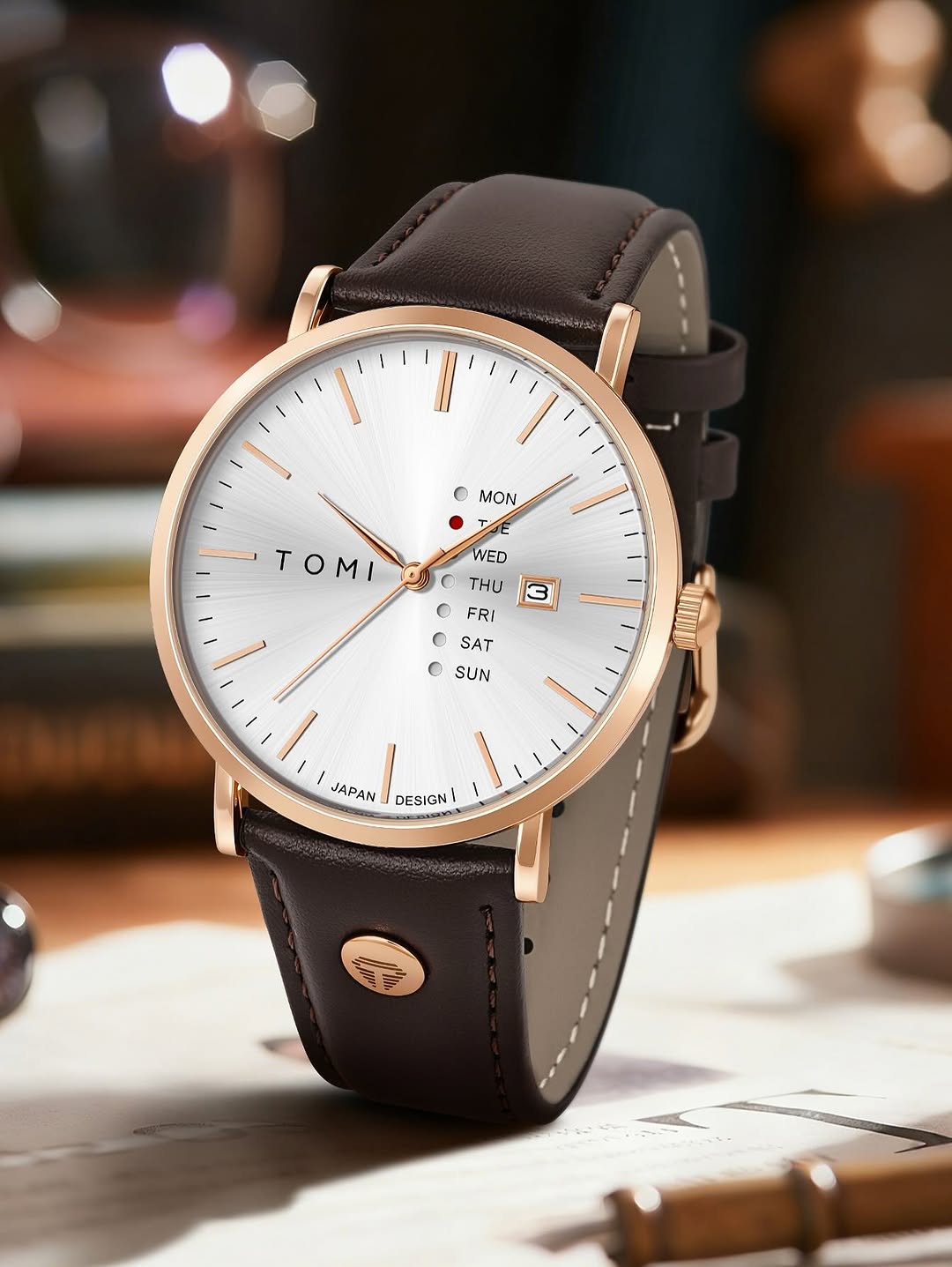 New TOMI T-019 Trendy Men's Watch Quartz Texture Business Watch with Leather Strap and Weekday Calendar