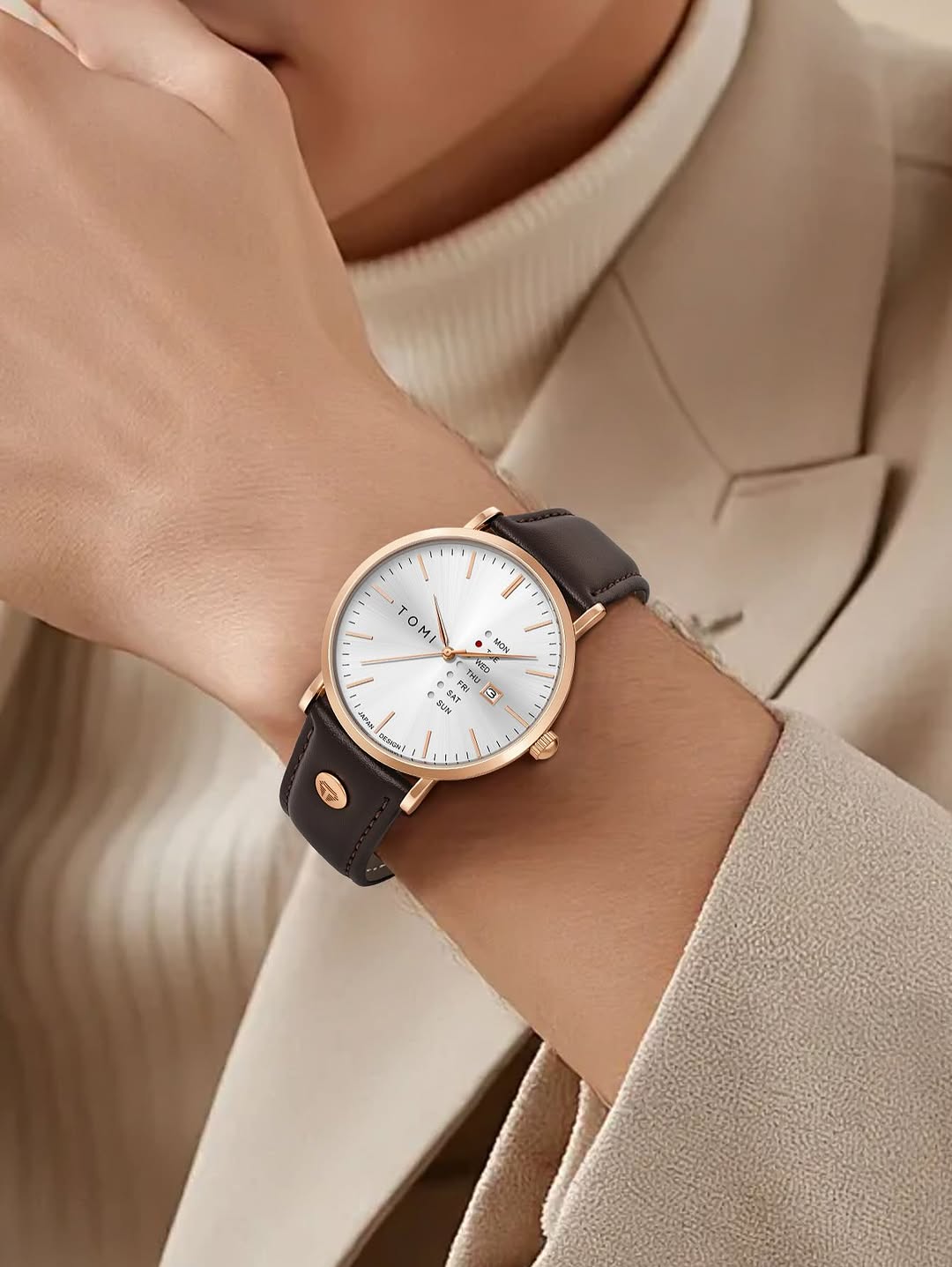 New TOMI T-019 Trendy Men's Watch Quartz Texture Business Watch with Leather Strap and Weekday Calendar