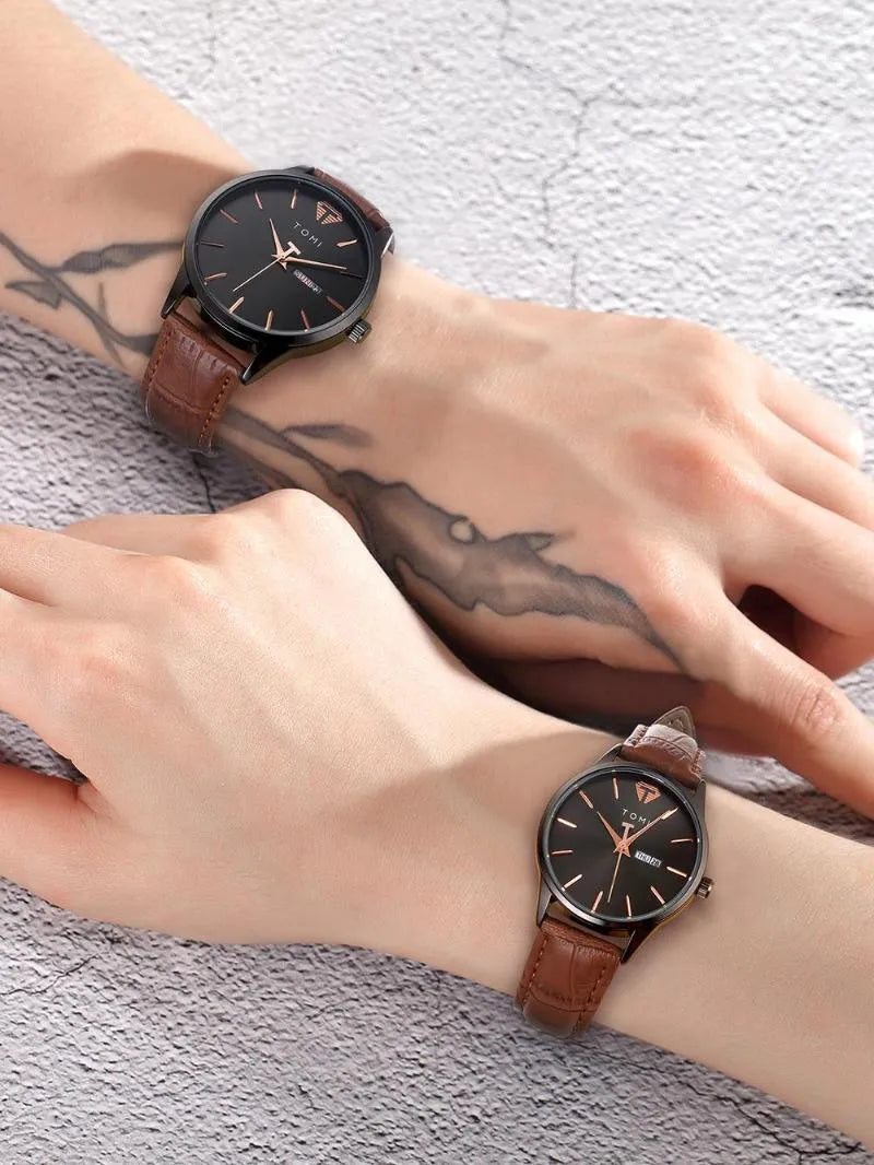 TOMI T-045 Couple Watch Date Day Quartz Leather Straps