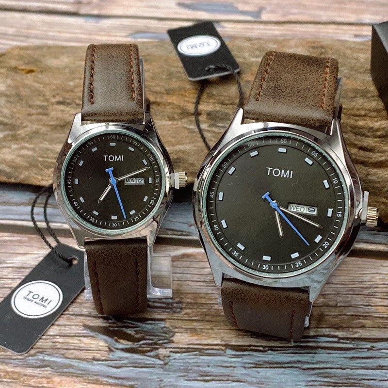 TOMI T-030 Couple Watch Date Day Leather Straps
