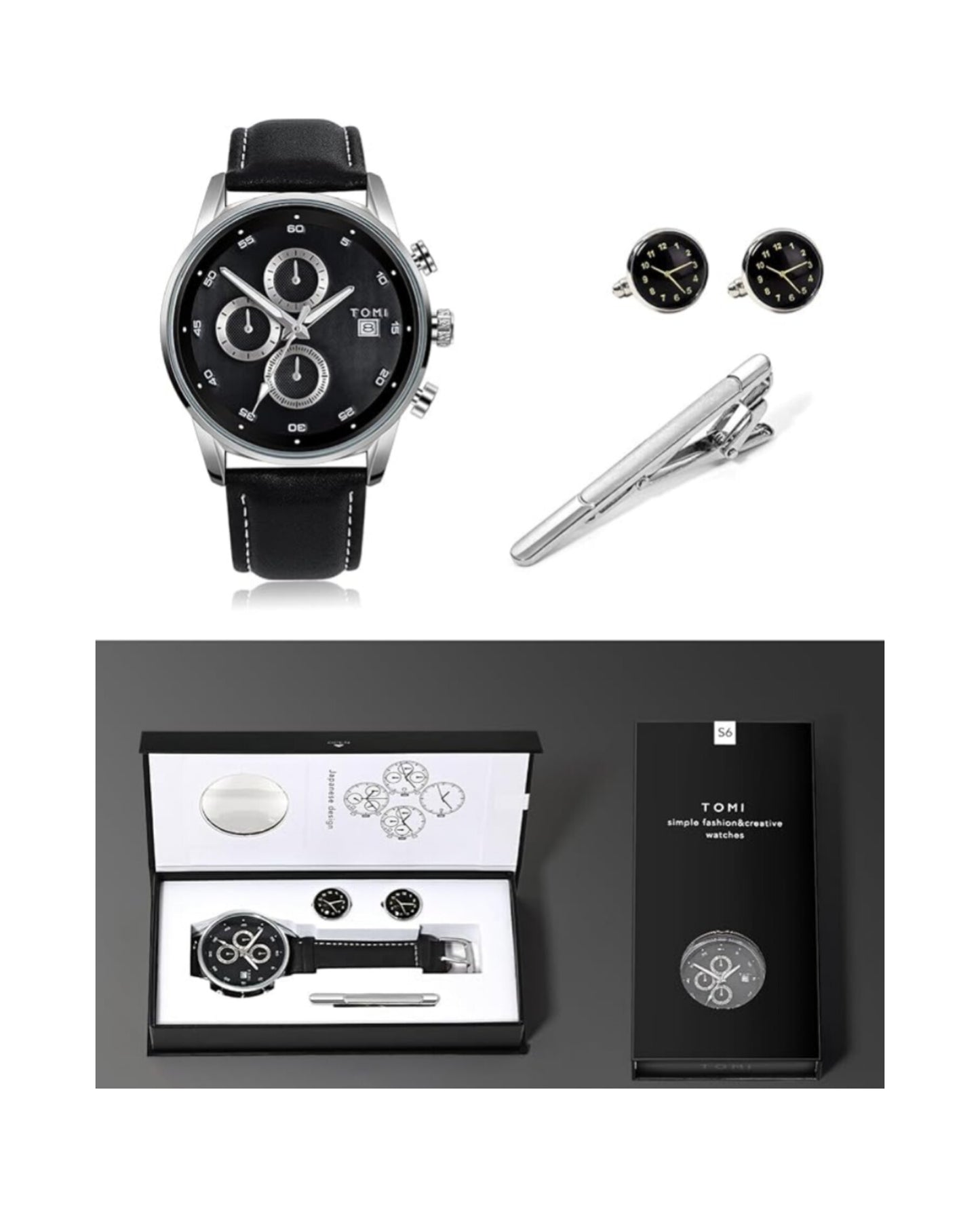 TOMI T-601 S6 Series Luxury Business Chronograph Watch Tie Pin Cufflinks