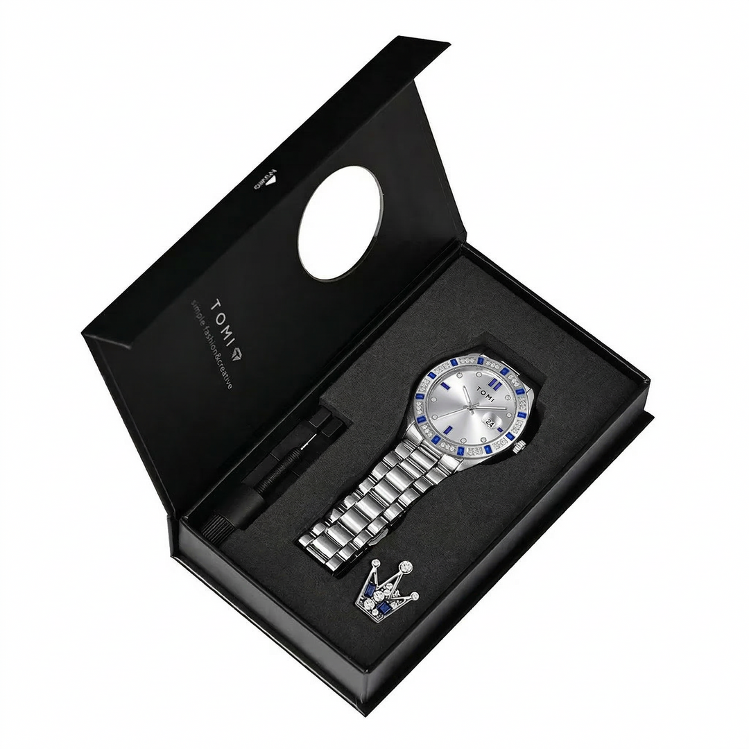 TOMI T-305 High Quality Chain Watch Set – Date Quartz | Ring & Brooch | Premium Gift Box